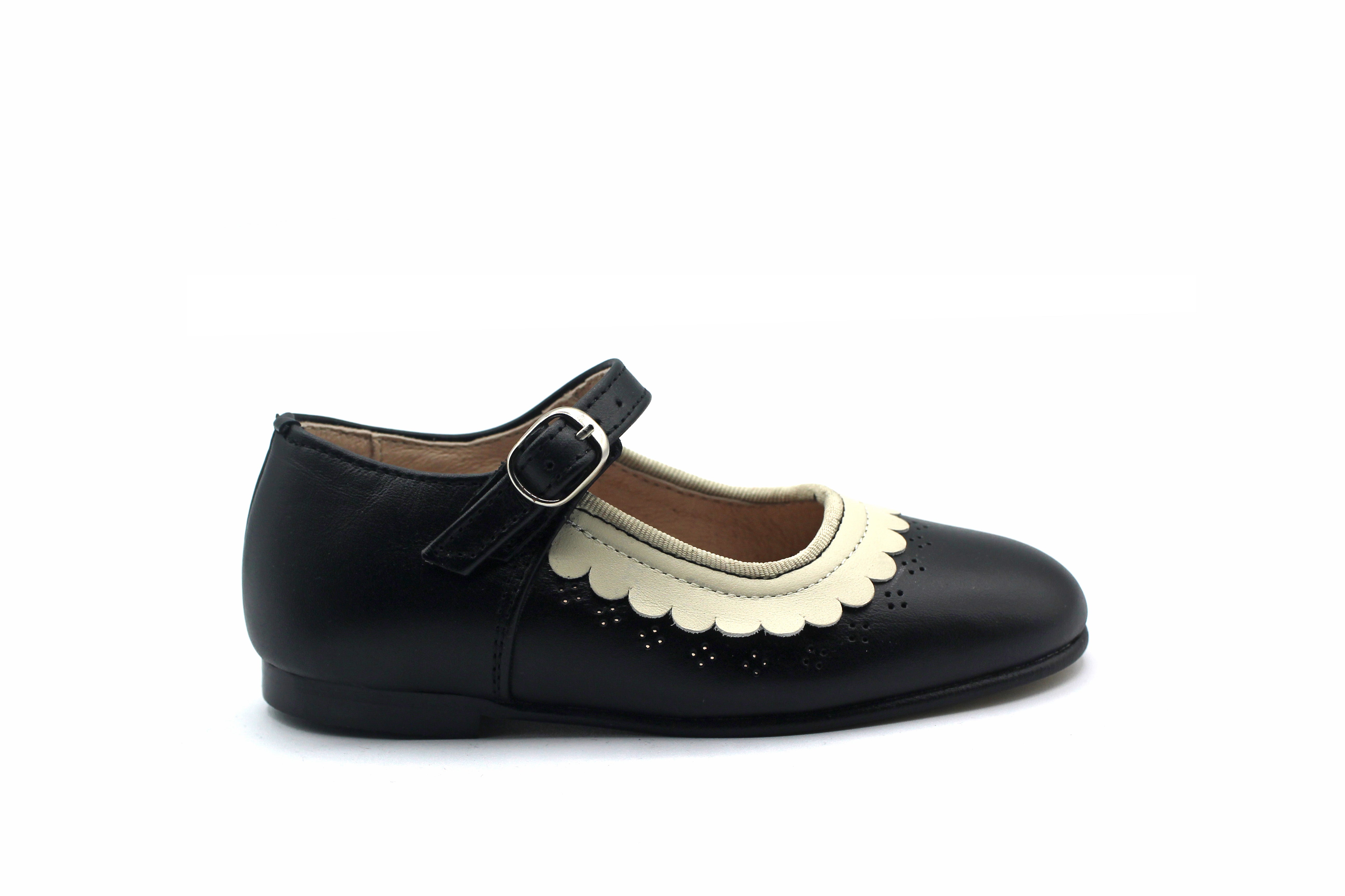 Don Louis Black Cream Scalloped Mary Jane